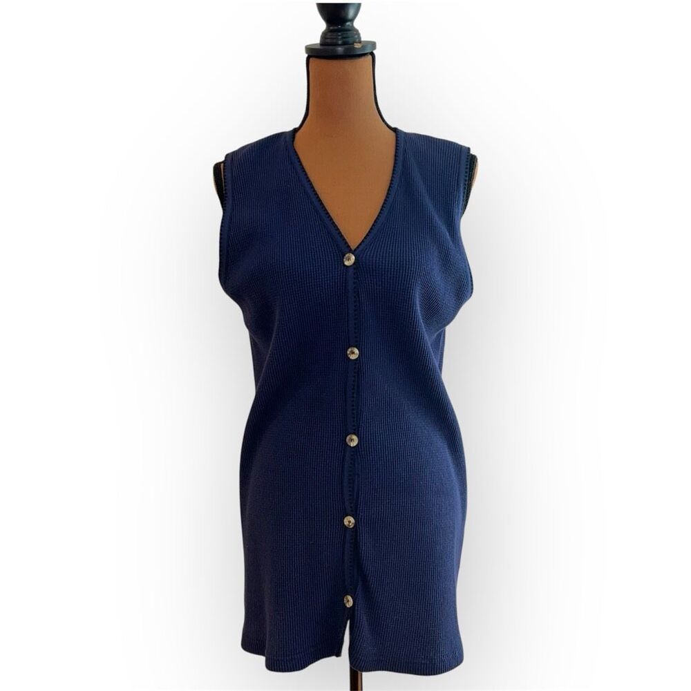 Image by Edie Waffle Textured Cotton Button Down Navy Blue Vest Women’s One Size